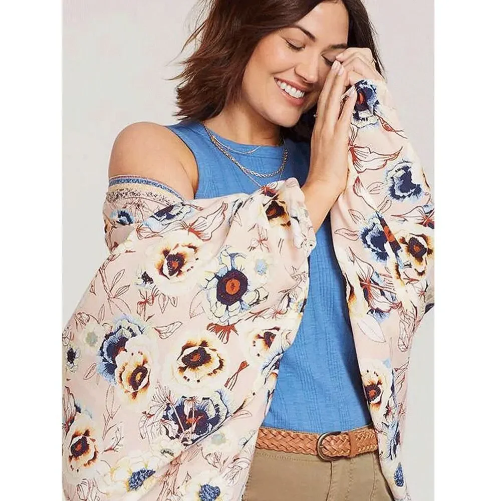 Maurices Pink Floral Peasant Sleeve Kimono XL Large Boho Spring Cover Up Cottage